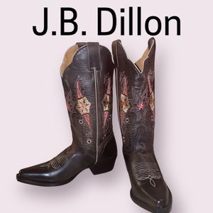 J.B. Dillon Leather Embroidered Boots 13 1/2” Tall Heel is 1 1/2”Brown BRAND NEW